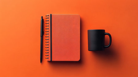A modern flat lay composition features a vibrant orange background, a sleek notepad, a black pen, and a minimalist black mug, perfect for creative inspiration.の素材
