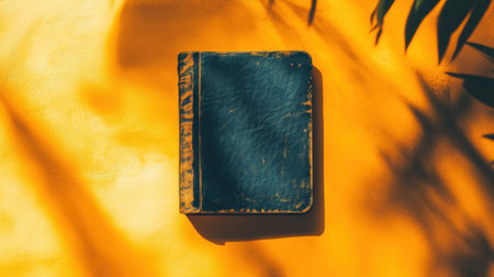 A vintage leather-bound book elegantly placed on a vibrant orange surface, softly illuminated by natural light, creating a warm and inviting atmosphere.の素材