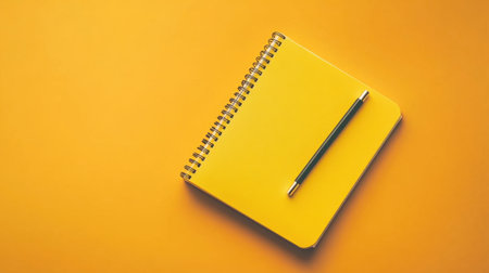 A vibrant yellow notebook with a black pen rests on a bright orange surface, creating a fresh and inspiring workspace. Perfect for creative planning and note-taking.の素材