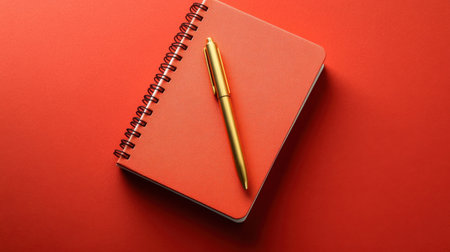Discover a striking visual of a red notebook alongside a golden pen, offering a perfect blend of elegance and functionality for creative projects.の素材
