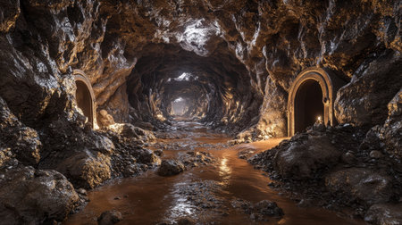 Discover a captivating underground cave featuring stunning rock formations, tranquil water streams, and atmospheric dim lighting in a natural setting.の素材