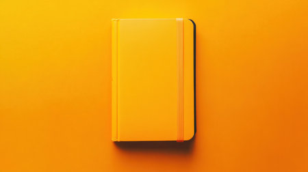 A bright orange notebook rests on a similarly vibrant orange background, highlighting its sleek design. Perfect for creative projects and organized planning.の素材