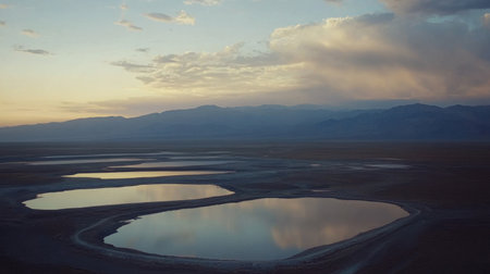 The image captures a serene landscape showcasing tranquil salt flats at dusk, reflecting beautiful shades of the sky and distant mountains.の素材