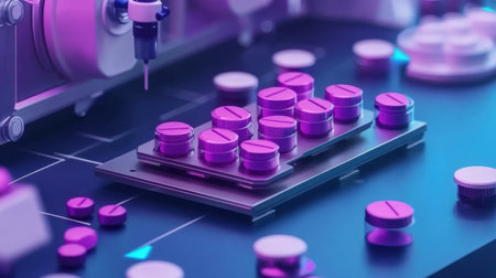 A vibrant image showcasing a modern pharmaceutical production system, featuring colorful tablets being processed on a lab table with advanced equipment.の素材