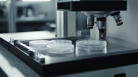 This image showcases a close-up view of a microscope positioned over petri dishes in a sophisticated laboratory setting, representing scientific research and discovery.の素材