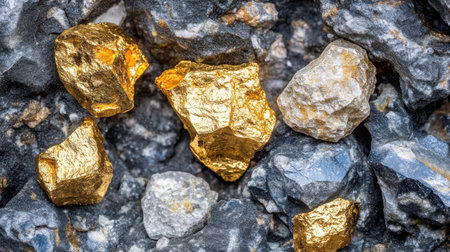This stunning close-up image captures natural gold nuggets resting on a dark stone background. The intricate textures and colors of the minerals shine, showcasing the beauty found in nature. Perfect for projects related to geology, nature, and mining.の素材
