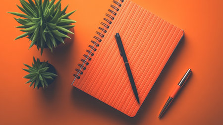 A vibrant orange workspace featuring a neatly arranged notebook and pen beside a green plant creates an inviting atmosphere for creative ideas.の素材