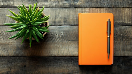 A vibrant orange notebook lies beside a sleek pen and a green succulent on a rustic wooden tabletop, creating a harmonious workspace aesthetic.の素材