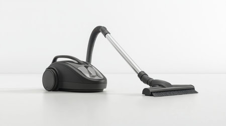 This image features a sleek black vacuum cleaner designed for efficient home cleaning. Its modern aesthetic complements any interior while providing excellent performance.の素材