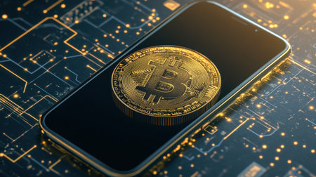 This image features a golden Bitcoin coin resting on a smartphone screen, surrounded by a futuristic circuit board design. It symbolizes digital currency and modern technology in finance.の素材
