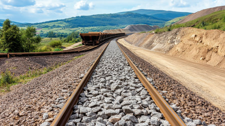 An empty railroad track stretches into the distance, flanked by green hills under a clear blue sky, showcasing a serene and picturesque landscape scene.の素材