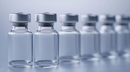 A series of clear glass vials lined up in a row, designed for pharmaceutical applications. These vials are ideal for storing vaccines or laboratory substances.の素材