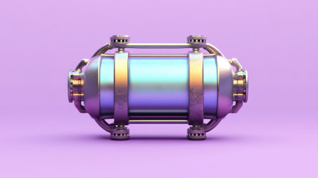 A sleek metallic cylinder showcasing bright reflections and structured detail, set against a vibrant purple background, perfect for modern design themes.の素材