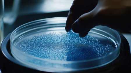 A close-up view of a laboratory hand sampling vibrant blue beads from a petri dish, showcasing the intricate details of scientific research and experimentation.の素材