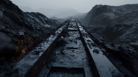 An atmospheric view of abandoned railway tracks leading through a dark and moody landscape, surrounded by mountains under a cloudy sky.の素材