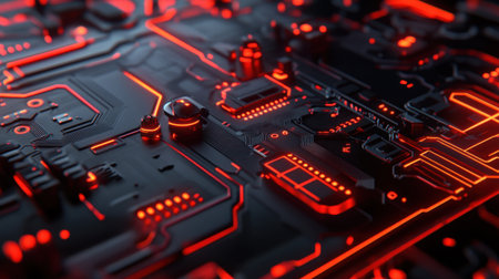 Explore a close-up view of a futuristic circuit board illuminated by striking red neon lights against a dark background. Perfect for technology concepts.の素材