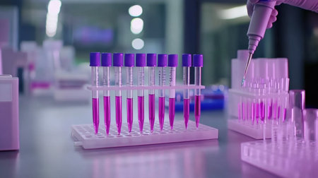 A close-up view of a laboratory setting showcasing a skilled technician using a pipette to transfer vibrant solutions into test tubes, highlighting precise scientific techniques.の素材