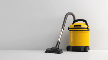 A yellow industrial vacuum cleaner with a flexible hose stands against a plain wall, emphasizing its utility for various cleaning and maintenance tasks.の素材