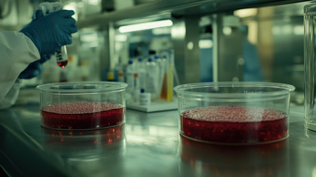 A scientist carefully handles red liquid samples in a laboratory setting, showcasing professional techniques and advanced research equipment.の素材