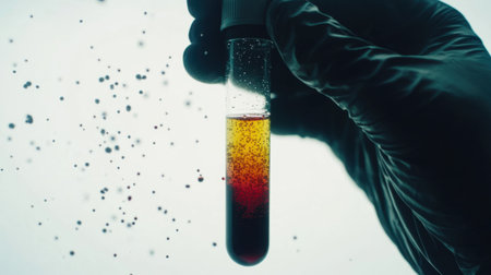 A close-up view of a hand wearing a glove holding a test tube filled with a vibrant liquid, showcasing a mix of colors and bubbles, highlighting scientific discovery.の素材