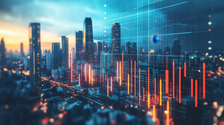 A stunning urban skyline at sunset featuring a blend of modern architecture and digital stock market data visualizations. The vibrant colors create a dynamic atmosphere, highlighting the intersection of technology and finance.の素材