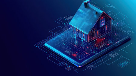 A stunning 3D representation of a house on a smartphone, showcasing the fusion of technology and architecture, highlighting modern living innovations.の素材