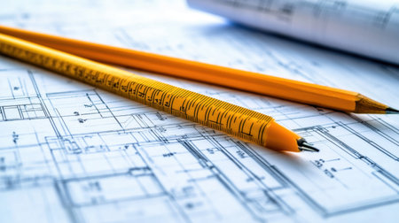 A close-up view showcasing architectural plans with a yellow pencil and ruler laid on blueprints, perfect for design and construction projects.の素材