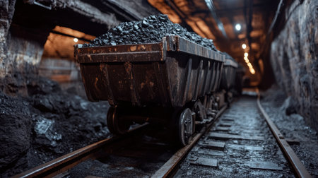 Detailed view of a coal mining cart filled with coal, resting on tracks in a dimly lit underground mine, showcasing industrial heritage and mining history.の素材