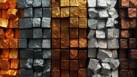 A visually striking arrangement of metallic cubes in various shades of gold, silver, copper, and bronze, perfect for backgrounds, textures, or artistic compositions.の素材