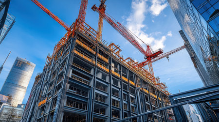 A vibrant construction site showcasing a modern steel framework with cranes against a clear blue sky, highlighting the dynamic urban development process.の素材