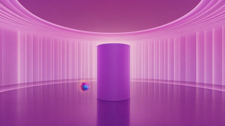 A striking abstract art scene featuring a minimalist purple cylinder in a radiant, futuristic interior. Ideal for creative projects and modern themes.の素材