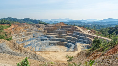 Aerial view showcasing the layers of an open-pit mine, revealing the extraction process surrounded by natural hills and a clear blue sky, embodying industrial activity.の素材