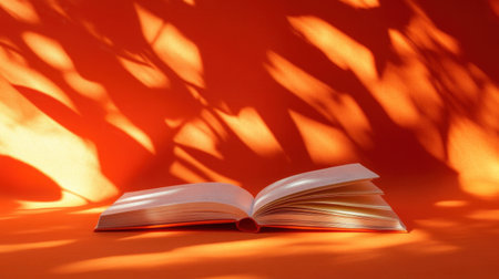 An open book rests on a vibrant orange surface, creating enchanting shadows from nearby leaves. This minimalist scene evokes feelings of creativity and tranquility.の素材