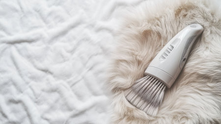 A pet grooming tool rests on a soft white fur background, emphasizing its role in animal care and maintenance. Ideal for pet owners.の素材