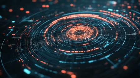 This abstract technology background features intricate circular patterns with glowing elements, ideal for digital concepts and futuristic designs.の素材