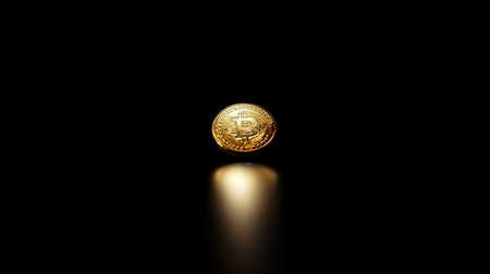 A stunning golden coin featuring the Bitcoin symbol stands out against a dark backdrop, highlighting the themes of finance, investment, and digital currency.の素材