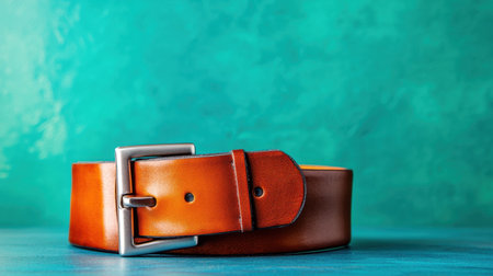 This image captures an elegant leather belt on a vibrant teal background, highlighting its craftsmanship and stylish appeal in fashion accessories.の素材