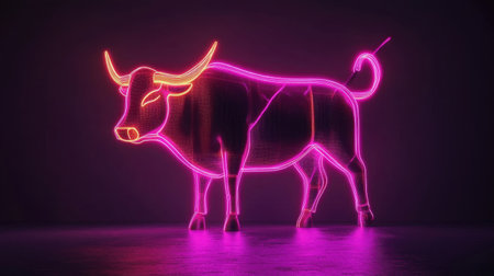 This image features a striking neon bull figure illuminated in pink and orange, set against a dark backdrop. Perfect for modern art themes and creative projects.の素材