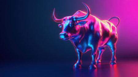 A vibrant 3D bull sculpture in neon colors symbolizes strength and resilience in business and finance. The dynamic design captures attention in modern contexts.の素材