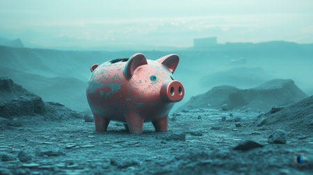 This image features a pink piggy bank placed in a stark and barren landscape, evoking themes of savings, finance, and hope in a challenging environment.の素材