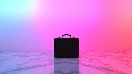 A sleek black briefcase sits elegantly on a polished marble surface, surrounded by a vibrant gradient background in pink and blue hues, perfect for business imagery.の素材