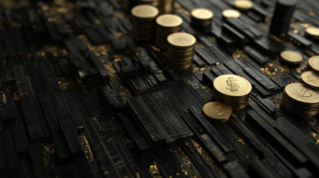 A visually striking arrangement of golden coins resting on a textured black surface, illuminated dramatically to evoke feelings of prosperity and financial success.の素材