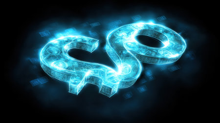 This image features a glowing neon dollar sign designed with digital textures, symbolizing finance and wealth in a modern context, ideal for financial themes.の素材
