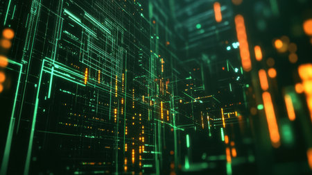 This captivating abstract image features a digital grid illuminated by vibrant neon lights, representing technology and data flows in a modern environment.の素材