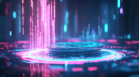 A stunning digital representation of a futuristic coin surrounded by vibrant neon lights and dynamic data streams, perfect for technology and finance themes.の素材