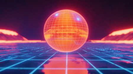 This vibrant neon sphere design features a glowing grid background, creating a captivating futuristic atmosphere. Perfect for sci-fi and digital art themes.の素材