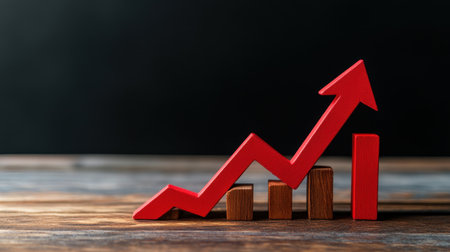 This image features a striking red arrow graph signifying business growth, complemented by wooden blocks on a rustic wooden table, symbolizing success.の素材