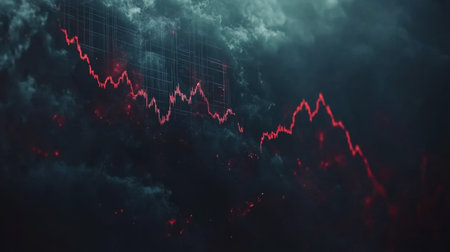 This dramatic stock market graph displays a downward trend in red against a dark, cloudy background, symbolizing economic uncertainty and volatility.の素材