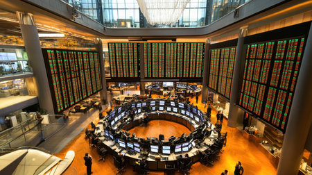 A vibrant stock exchange trading floor featuring numerous monitors displaying financial data, reflecting the dynamic nature of market trading and investment.の素材
