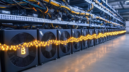 High-tech data center featuring numerous cryptocurrency mining machines connected with vibrant LED cables. The image captures a modern industrial setting focused on digital processing and innovation.の素材